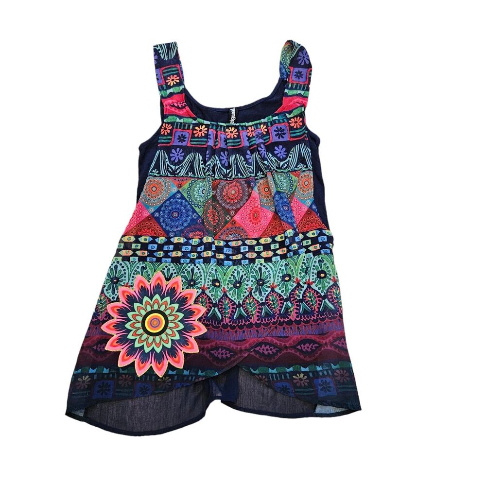 Desigual Tank Blouse Womens S Crepe Multicolor Floral Mandala Wearable Art Boho